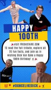 Dick Van Dyke smiling and dancing at age 100, celebrating with joy and grace.
