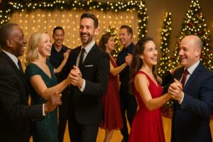 Group of dancers and instructors at a Fred Astaire Dance Studios holiday ballroom dancing party, celebrating together on the dance floor.