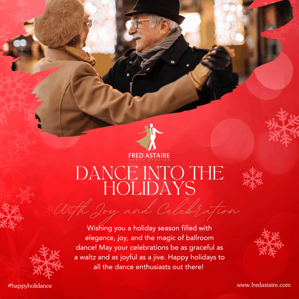 Couple enjoying holiday ballroom dancing at Fred Astaire Dance Studios, smiling and twirling on a festive dance floor with twinkling lights