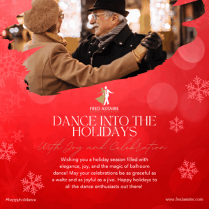 Couple enjoying holiday ballroom dancing at Fred Astaire Dance Studios, smiling and twirling on a festive dance floor with twinkling lights