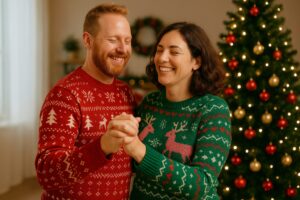 holiday couple proving dancing relieves stress