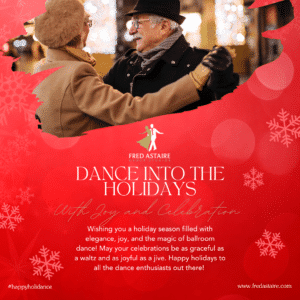 Couple enjoying holiday ballroom dancing at Fred Astaire Dance Studios, smiling and twirling on a festive dance floor with twinkling lights