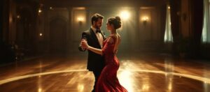 In this vibrant image, a group of happy adults engages in ballroom dancing on a polished dance floor, showcasing joyful expressions as they move in sync with the rhythm of the music. The scene highlights the social interaction and physical benefits of dance classes, emphasizing the joy and well-being that comes from dancing together.