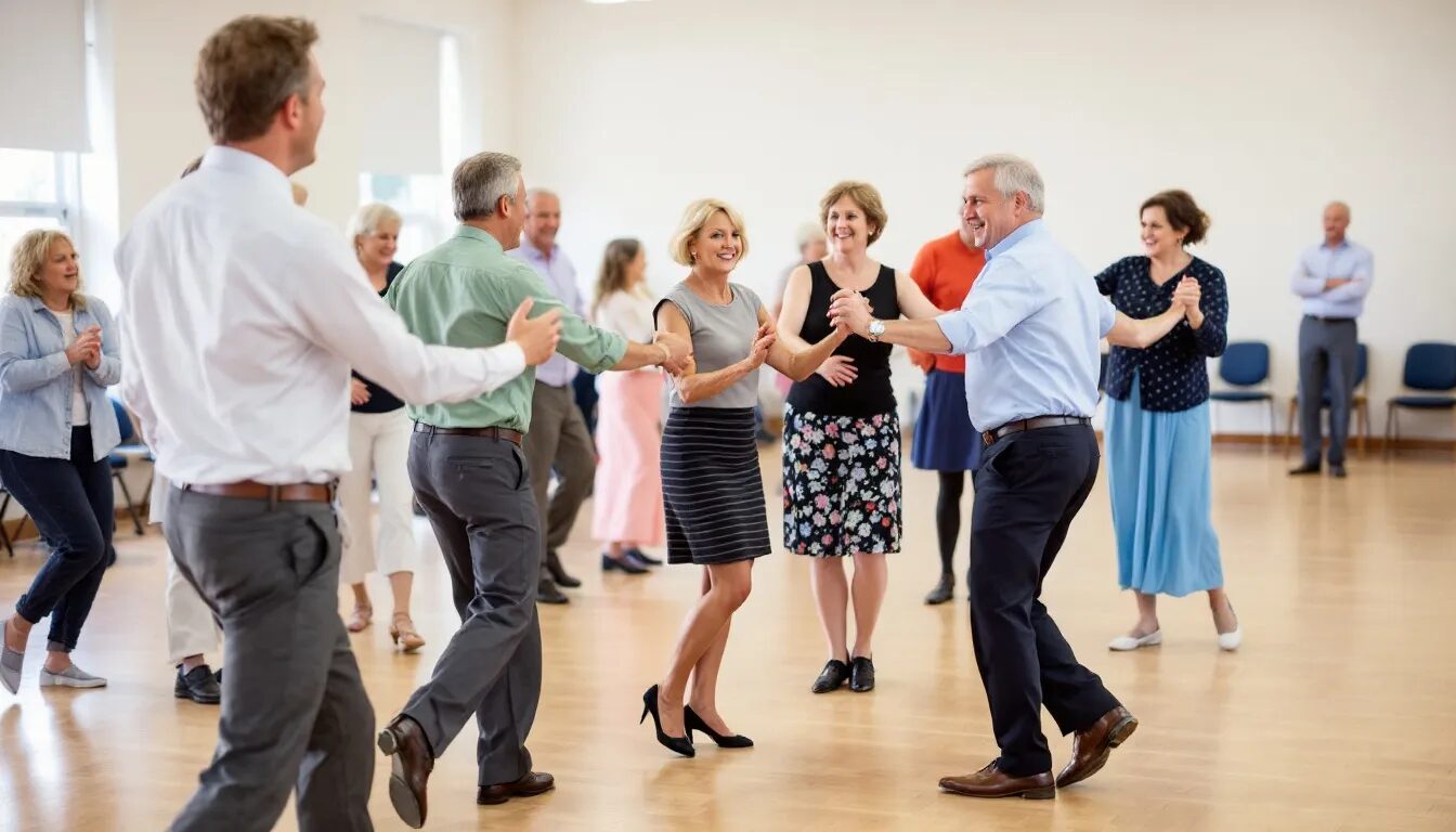 3 Reasons Ballroom Dancing For Singles Is The Perfect Adult Activity - ballroom dancing for singles In A Lively Dance Studio, Adults Of Various Ages Are Engaged In Ballroom Dance Lessons, Learning Basic Steps And Rotating Partners On The Dance Floor. The Atmosphere Is Filled With Joy And Community As They Meet New People And Practice Their Skills In A Supportive Environment.